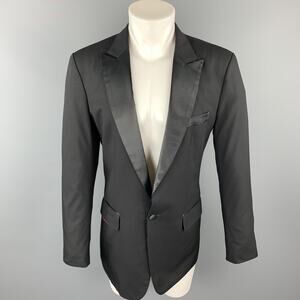 CUSTOM MADE Size 38 Black Solid Wool Peak Lapel Sport Coat